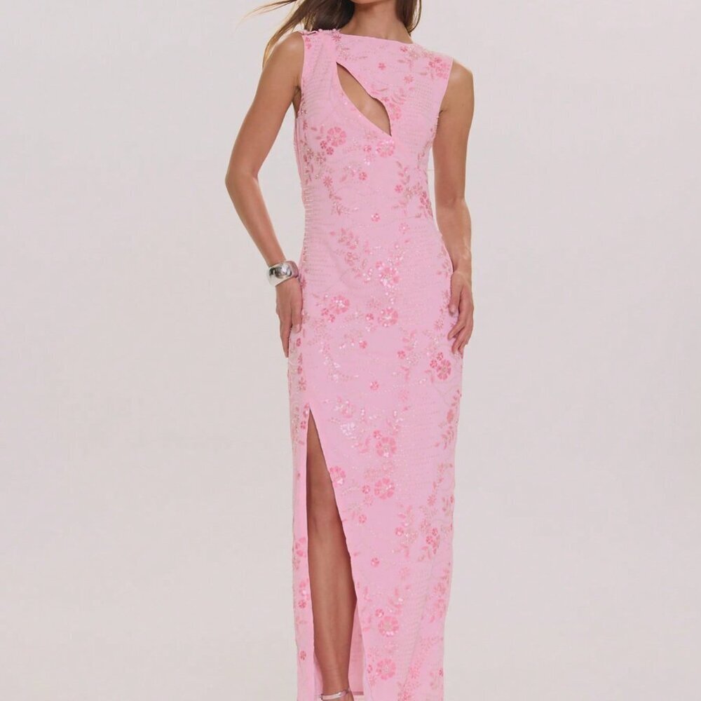 Baby Pink Elegant Women's Maxi Dress with Beaded Sequin Cut-Out Side Split
